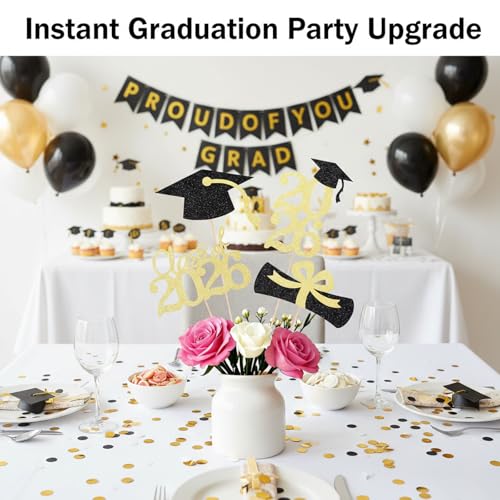 2026 Graduation Decorations - Black & Gold Glitter Centerpieces