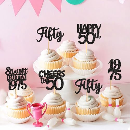 30PCS Black Glitter 50th Birthday Cupcake Toppers Set