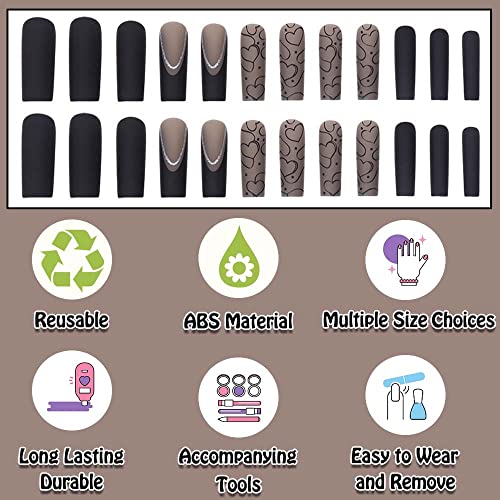 Black Long Coffin Press on Nails with Matte Heart Design 24Pcs