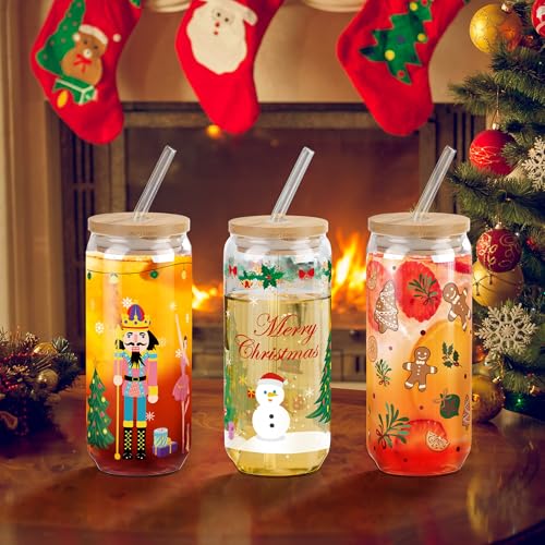 Joeyan Christmas Glass Cups with Lids & Straws - Gingerbread Man Tumbler, 20oz, Style 13
