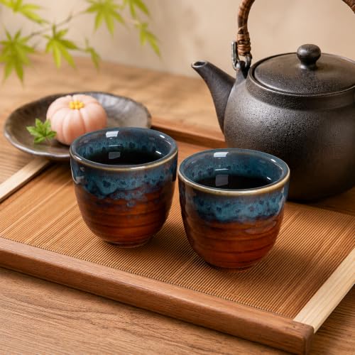 Peacock Tail Ceramic Japanese Tea Cups - Set of 2, 5 oz