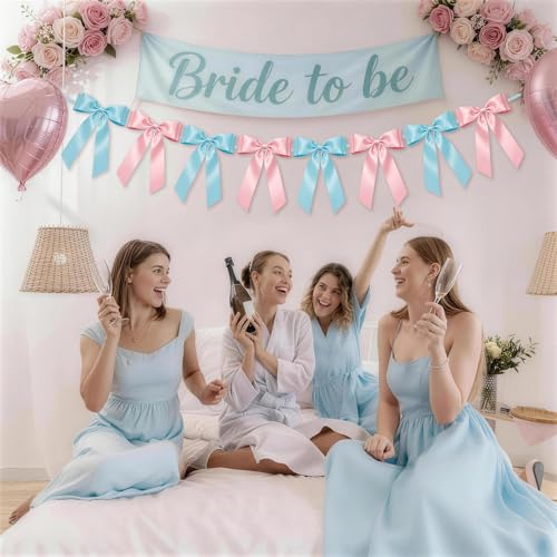 Pink & Blue Bow Garland Banner - 8 Pre-Strung Satin Bows