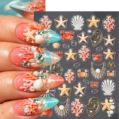5D Embossed Summer Beach Nail Art Stickers Cute Starfish Crab Decals 2 Sheets