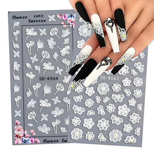 5D White Flower Nail Art Stickers Holographic Embossed Floral Decals