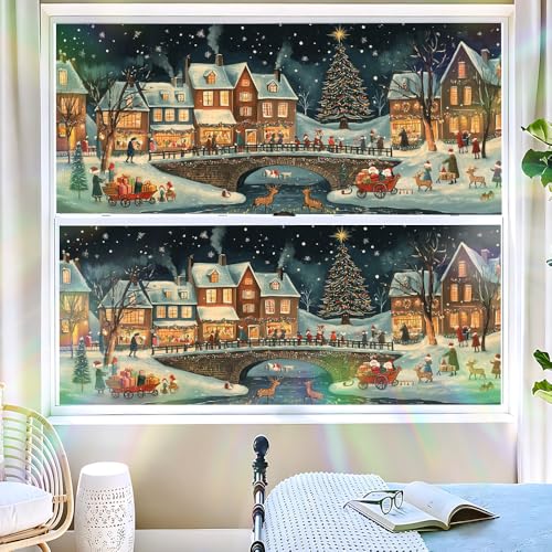 Christmas Village Night Window Film - Colorful 43 - Folk Art Holiday Decor