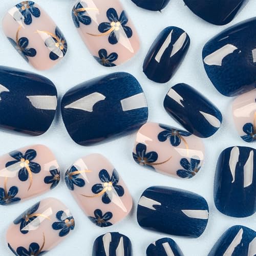 Toypoels Dark Blue Flower Press on Nails Short Square Acrylic False Nails