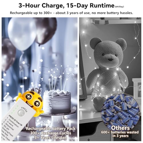 Rechargeable Fairy Lights with Timer & 8 Modes - 16FT 50LED String Lights for Indoor Decor