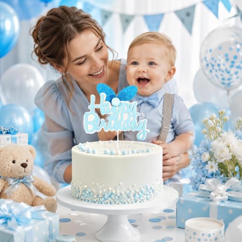Blue Glitter Bunny Ears Cake Topper for Kids Birthday Party