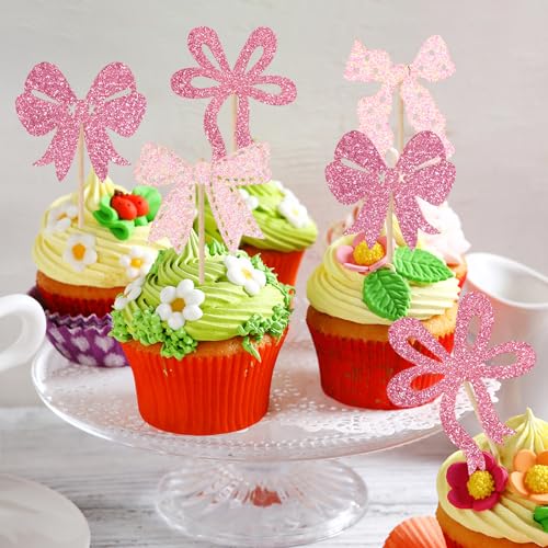 24 Pack Glitter Pink Bow Cupcake Toppers for Parties