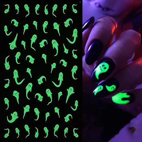 KAICCOSO 6pcs Glow in the Dark Halloween Nail Stickers Self-Adhesive Ghost Bat Nail Decals