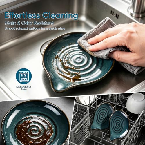 E-far Blue Ceramic Spoon Rest for Stove Top - Heat-Resistant, Drip-C catching Design