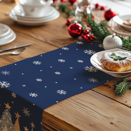 Christmas Table Runner 13x36 Inch Blue Xmas Trees Snowflakes Holiday Decor