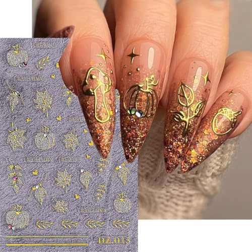 Fall Nail Stickers 5D Pumpkin Maple Leaf Decals with Autumn Rhinestones