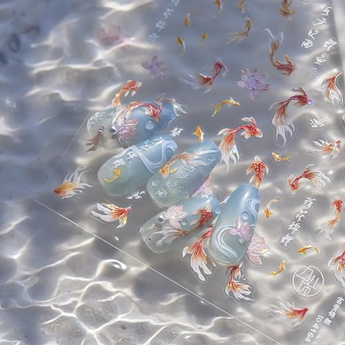 5D Embossed Goldfish Nail Art Stickers - Koi Fish & Lotus Leaf Decals