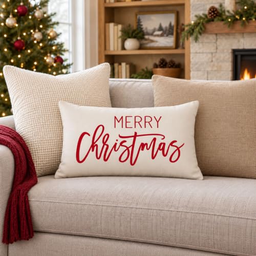 Merry Christmas Pillow Cover 12x20 Inch - Cream Red Holiday Decor