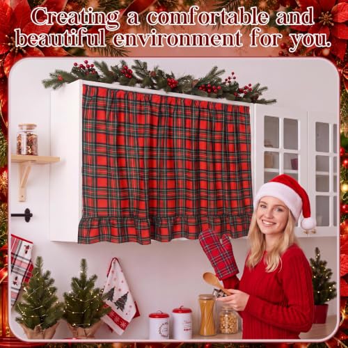 Christmas Red Plaid Cabinet Curtains with Ruffles - 35 x 35 Inches - VitalCozy Variation