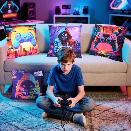 Gaming Pillow Covers for Teen Boys - 4-Pack 18x18 Inch Flannel Decor