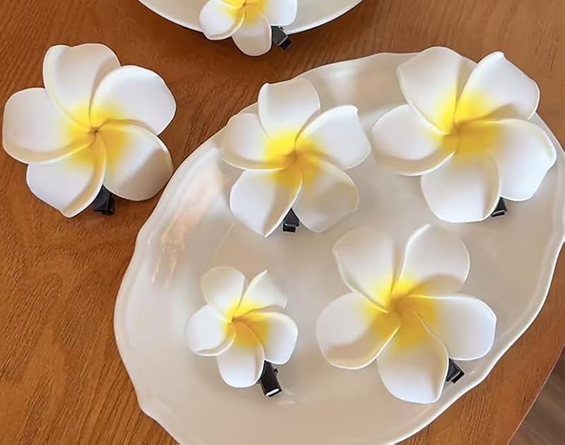 4 Pcs Hawaiian Plumeria Flower Hair Clips 7cm White and Pink Foam