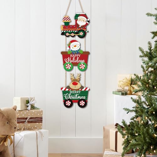 Christmas Train Door Decor Set - Santa Snowman Reindeer Wreath Holiday Welcome Sign - 3 Pieces