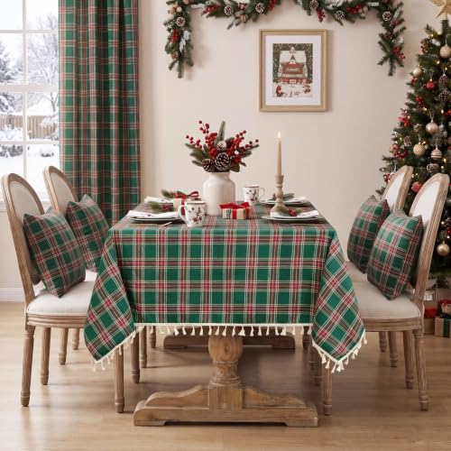 Christmas Plaid Tassel Tablecloth - Green 55 x 70 Inches - Softalker
