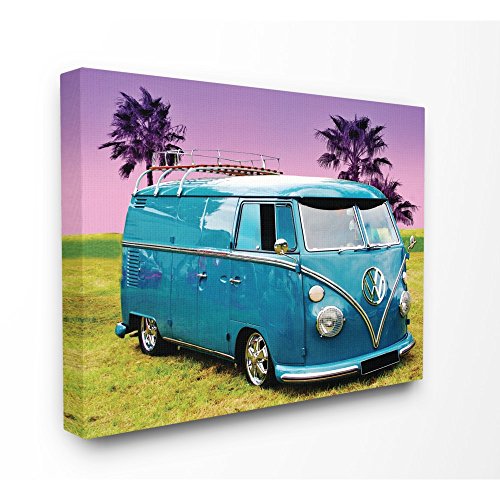 The Stupell Home Decor Collection Vintage 70S Blue Vw Bus with Purple Palm Trees Stretched Canvas Wall Art, 16x20, Multicolor