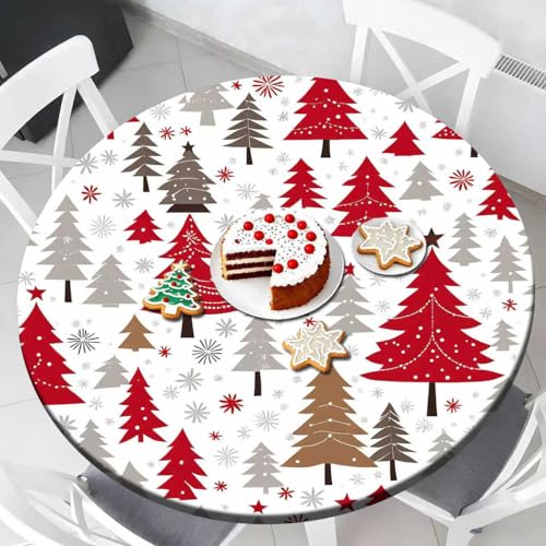 56-Inch Round Elastic Christmas Tablecloth with Red White Tree Design - Waterproof & Fitted Fleece for Kitchen, Party