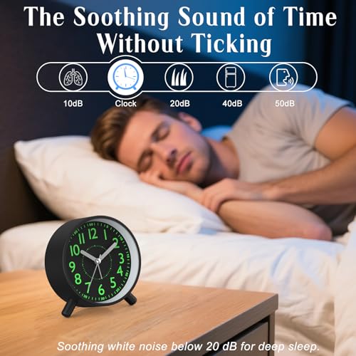 Analog Alarm Clock with Night Light - Silent & Battery Operated
