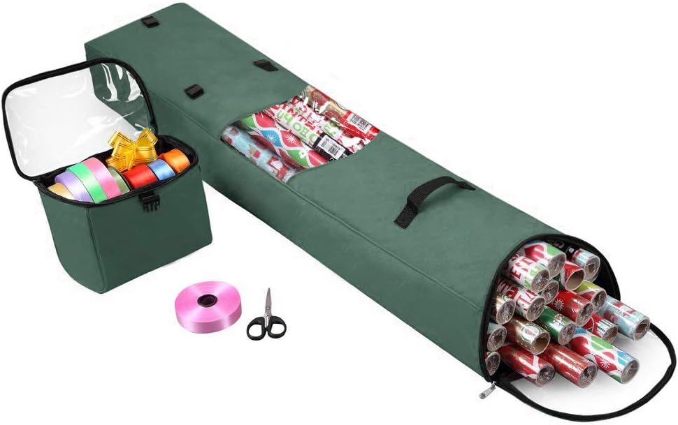 Primode Heavy-Duty Christmas Gift Wrap Storage Bag - Long Wrapping Paper Organizer with Detachable Tote | 48"x10"x5" (Green)