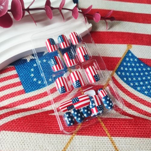 HZJXRT 4th of July Short Square Press on Nails - 24 Pcs Acrylic USA Flag Fake Nails with Glossy Finish