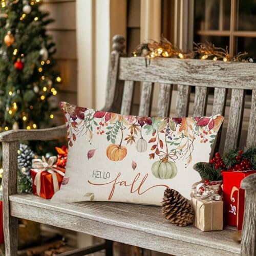 Fall Pumpkin Leaves Pillow Cover 12x20 Inch - Decorative Lumbar Cushion for Autumn Home Decor