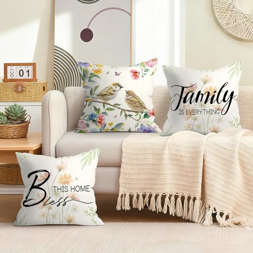 Joymaison 18x18 Velvet Throw Pillow Covers, Set of 4 Spring Floral Birds