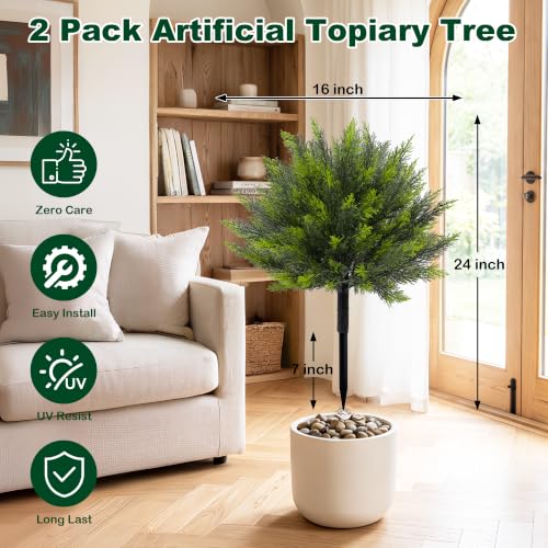 Artificial Cedar Topiary Bush 24 Inch with Ground Spike - Green Cedar, Set of 2