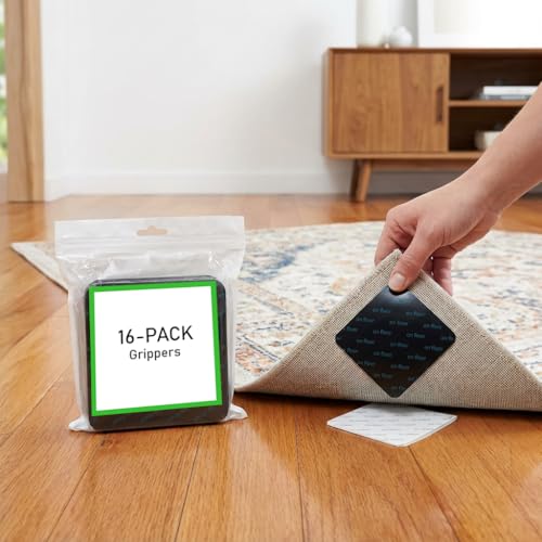 Non-Slip Rug Grippers for Hardwood Floors - 16 Pack Adhesive Corners