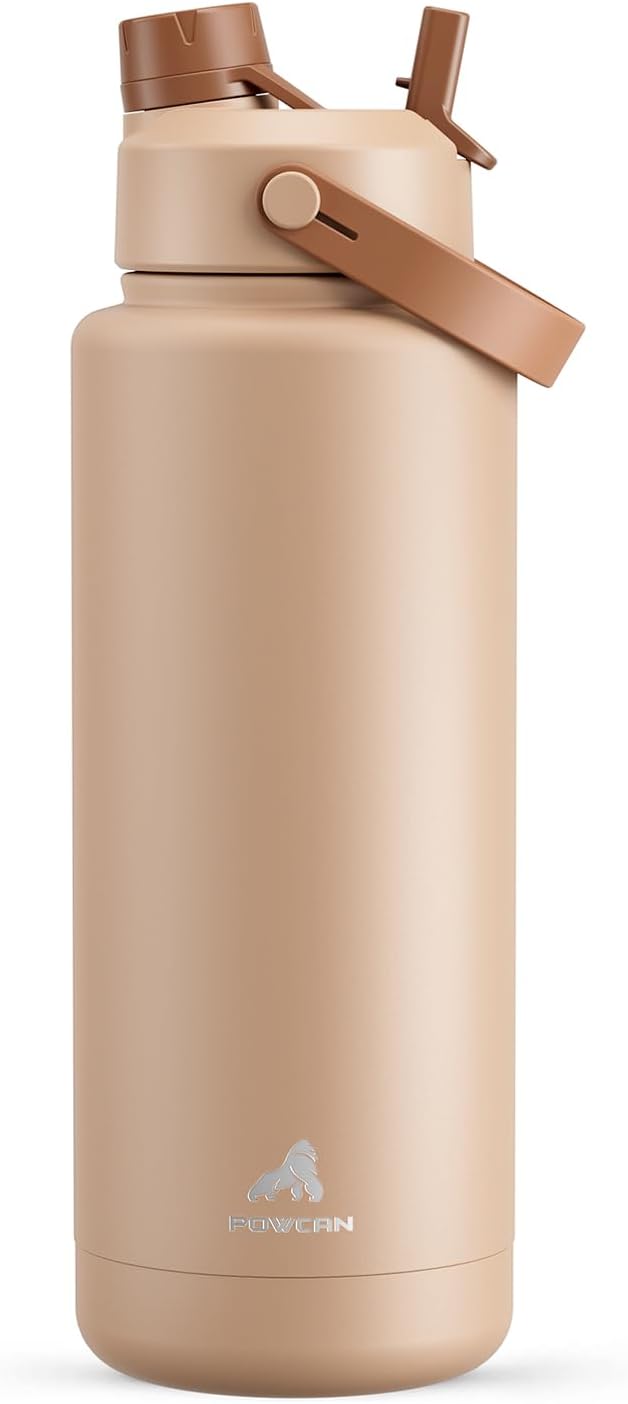 POWCAN 40 oz Insulated Water Bottle - 2-in-1 Straw & Spout Lid, Leak-Proof, BPA-Free | Mocha