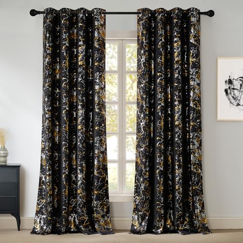 NICETOWN Silver and Gold Marble Patterned Curtains 100% Blackout Christmas Decor for Living Room Bedroom 84 Inches Long 2 Panels Thermal Insulated Noise Reducing Grommet Modern Window Treatments, 52"W