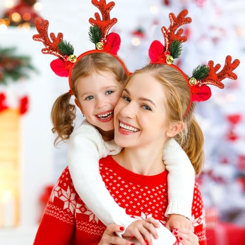 Xepeelo Red Antler Christmas Headband with Glitter Deer Ears and Bells