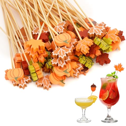 Leislam 100 PCS Fall Thanksgiving Cocktail Picks - Bamboo Appetizer Skewers