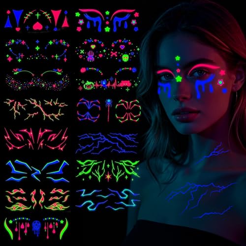 Konsait Glow in the Dark Face Temporary Tattoos 15 Sheets Neon Black Light