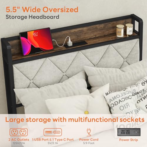 Sweetcrispy Queen Bed Frame with Headboard, Storage Headboard with USB Charging Station, Durable Squeak-Free Frame, Simple No-Tool Assembly,Works with Queen Mattress No Box Spring Needed