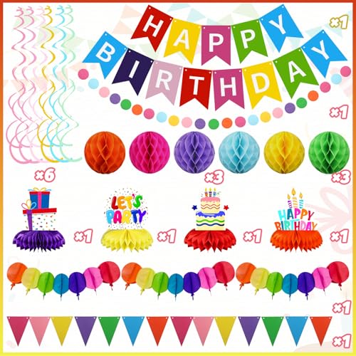 Recosis All-in-One Birthday Decoration Kit with Banner and Honeycomb Balls