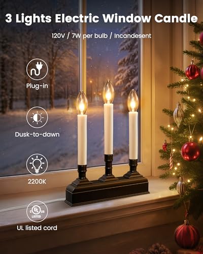 Black Dusk-to-Dawn Electric Window Candles - 3-Light Flameless Christmas Candolier