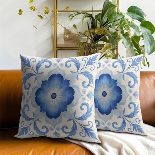 Elegant Blue Floral Throw Pillow Covers - 18x18 Inch Set of 2