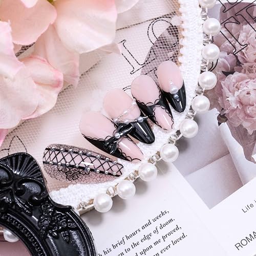 Black Lace Bow French Tip Medium Almond Press on Nails with Pearls