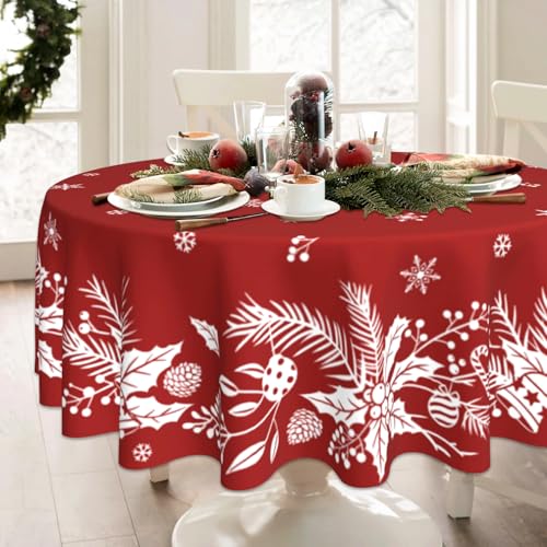 Christmas Round Tablecloth 60 Inch Red Floral Leaf Winter Holiday Decor