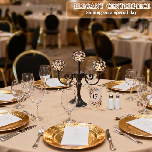 Black 3-Arm Metal Candelabra with Crystal Bowls - Elegant Table Centerpiece