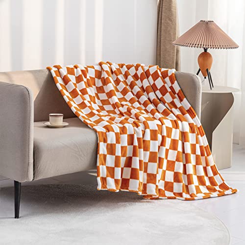Orange Flannel Throw Blanket with Checkerboard Pattern - 90x110 inches, Soft & Warm for Couch & Bed