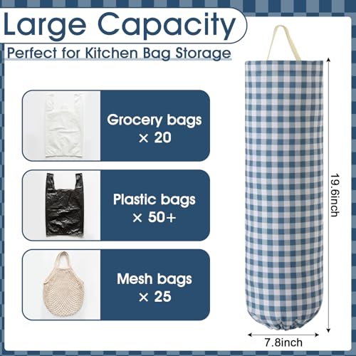 Gingham Canvas Grocery Bag Holder - Dusty Blue Wall Mount Organizer