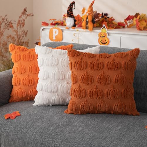 Fall Pillow Covers Set of 2 | 18x18 Rust Pumpkin Plush Cases