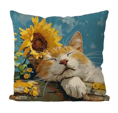 GAGEC 18x18 Inch Orange Cat Sunflowers Pillow Cover - Spring Decor