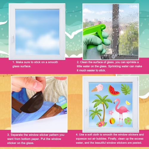 9 Sheets Hello Summer Flamingo Window Clings - Tropical Beach Decor